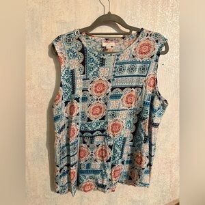 J. Jill Love Linen Boho Multicolor Patterned Tank Top, Pleat In Back, 100% Linen